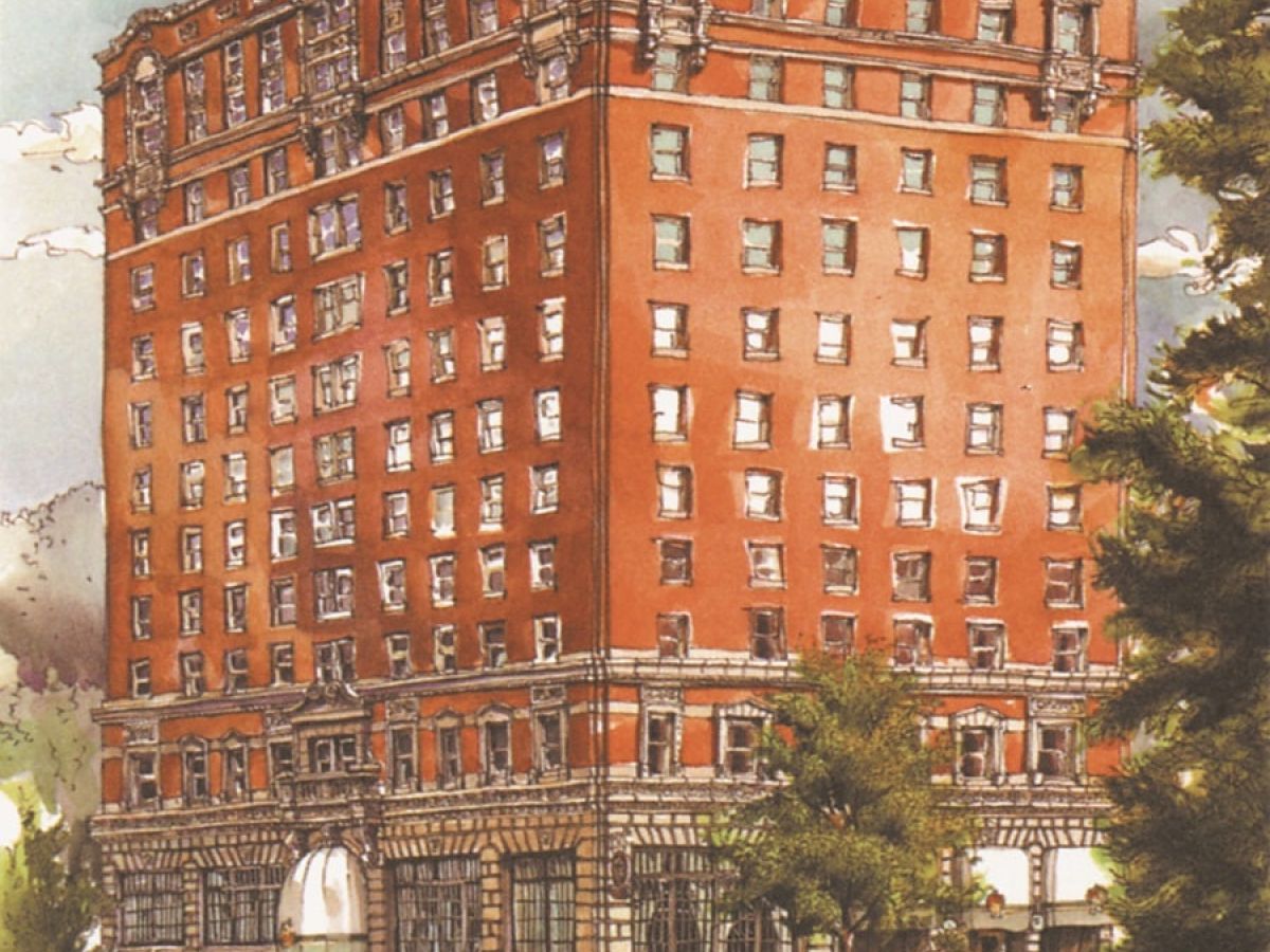 A tall, red brick building with many windows sits on a corner, nestled by trees and a bustling base, watercolor style portrait, urban charm.