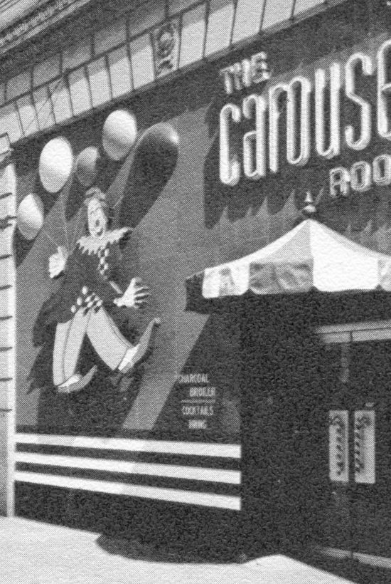 A vintage storefront labeled &ldquo;The Canuse Room&rdquo; with a cartoon mural, a striped awning, and a tall doorway, black-and-white photo.