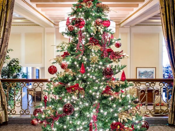 A tall, festive Christmas tree adorned with red ornaments, ribbons, and white lights, with wrapped gifts beneath in an elegant lobby setting.