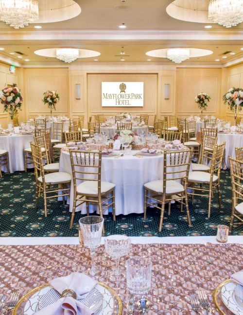 A formal banquet hall set for a wedding or event, with round and long tables, gold chiavari chairs, white linens, floral centerpieces, and a stage with a screen in a softly lit room.