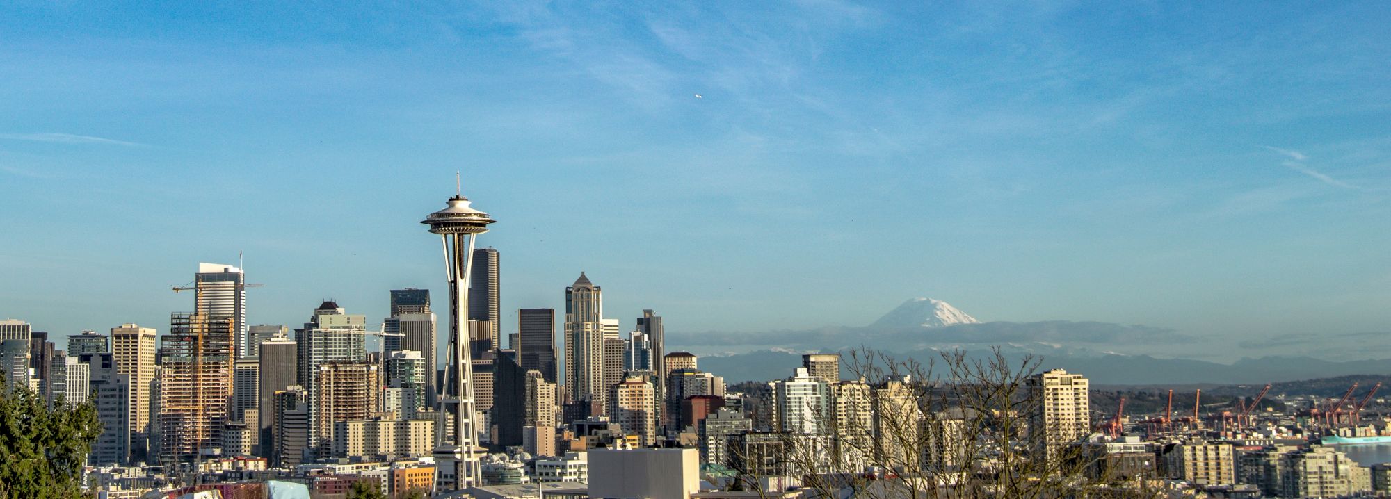 A city skyline featuring the Space Needle, modern high-rises, and a distant snow-capped mountain under a clear blue sky.