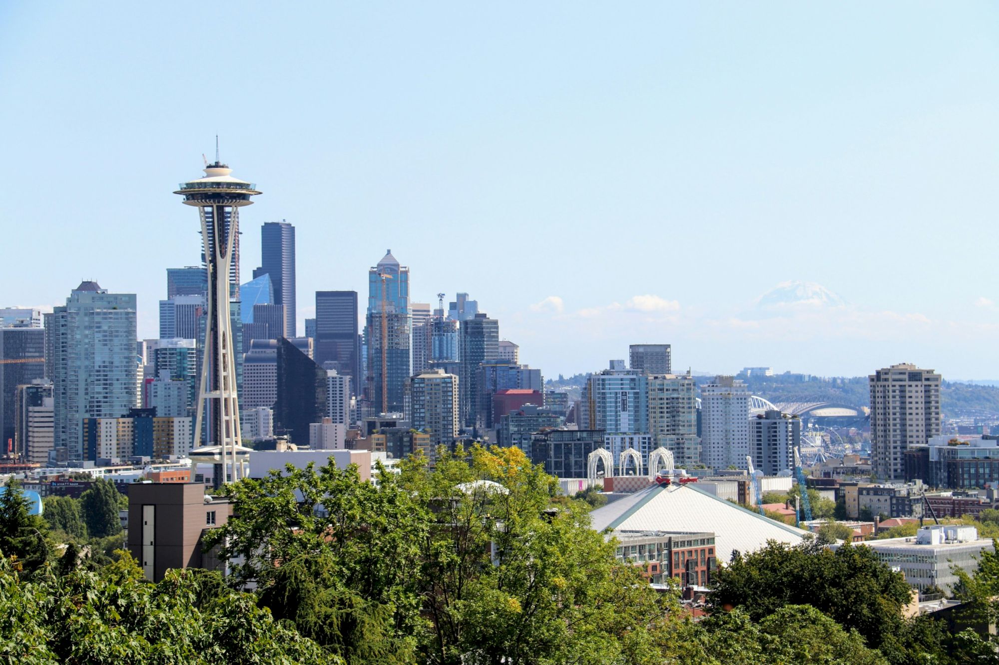 A city skyline with the Space Needle rising above trees in the foreground, Seattle&rsquo;s urban landscape under a clear blue sky.